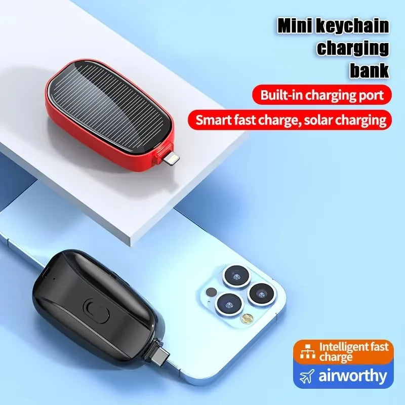 Solar Keychain Power Bank — 1200mAh Mini Emergency Charger for iPhone & USB-C Devices
