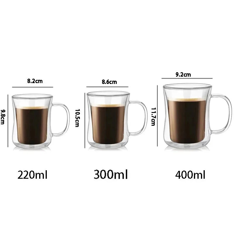 Double Wall Glass Coffee Mug with Handle — Hot & Cold Beverages, 220–400ml