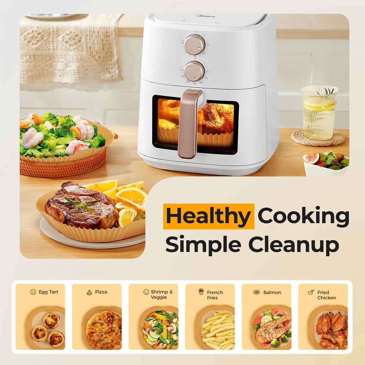 Air Fryer Parchment Liners 50-Pack — 8-Inch Non-Stick, Bleach-Free Disposable Squares