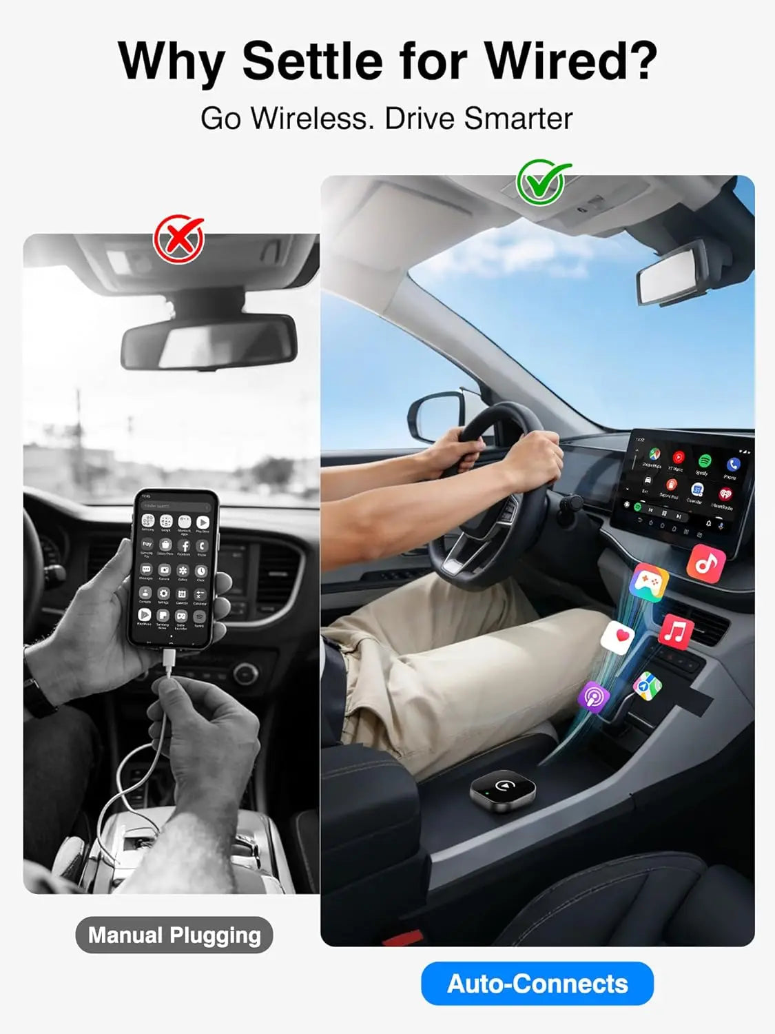2026 Upgraded 2-in-1 Wireless CarPlay Adapter for iPhone & Android Auto, Plug and Play Wired to Wireless Dongle with Fast Auto-C