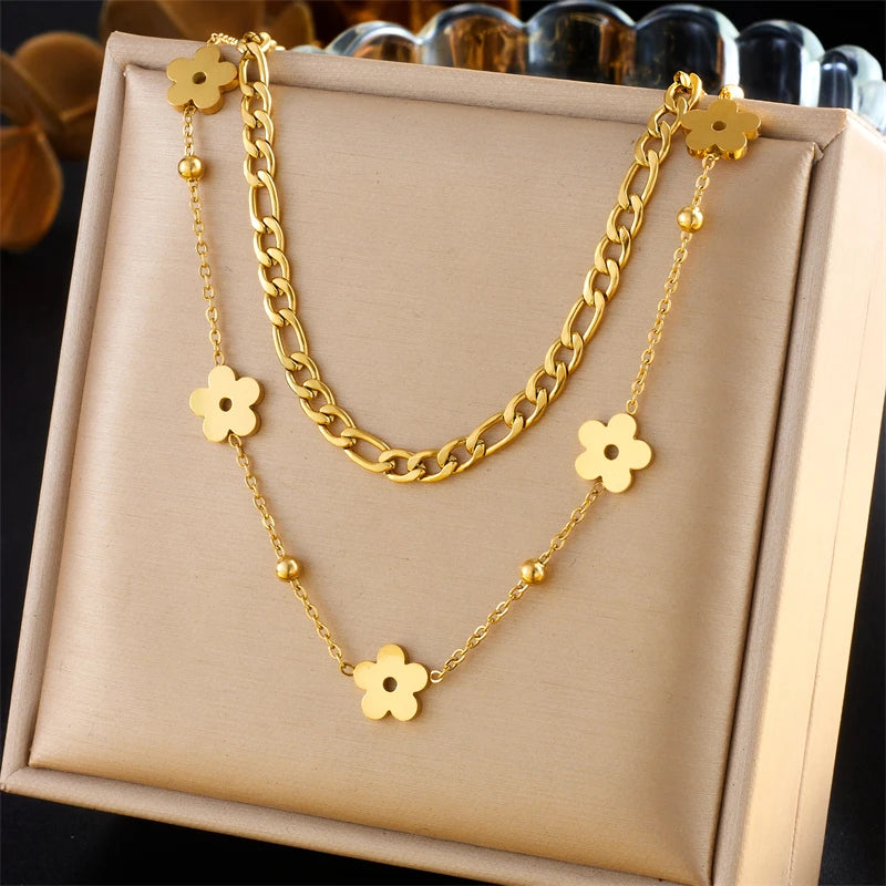 Gold Double-Layer Flower Stainless Steel Necklace