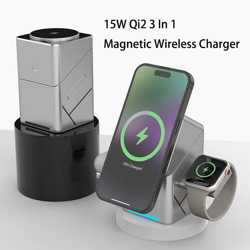 Qi2 3-in-1 Magnetic Wireless Charging Stand — 15W Fast Charger for iPhone, Apple Watch & AirPods
