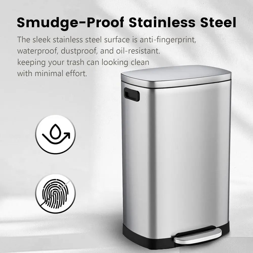13 Gallon Stainless Steel Pedal Trash Can with Lid, 50L Capacity, Removable Bucket, Suitable for Home and Office