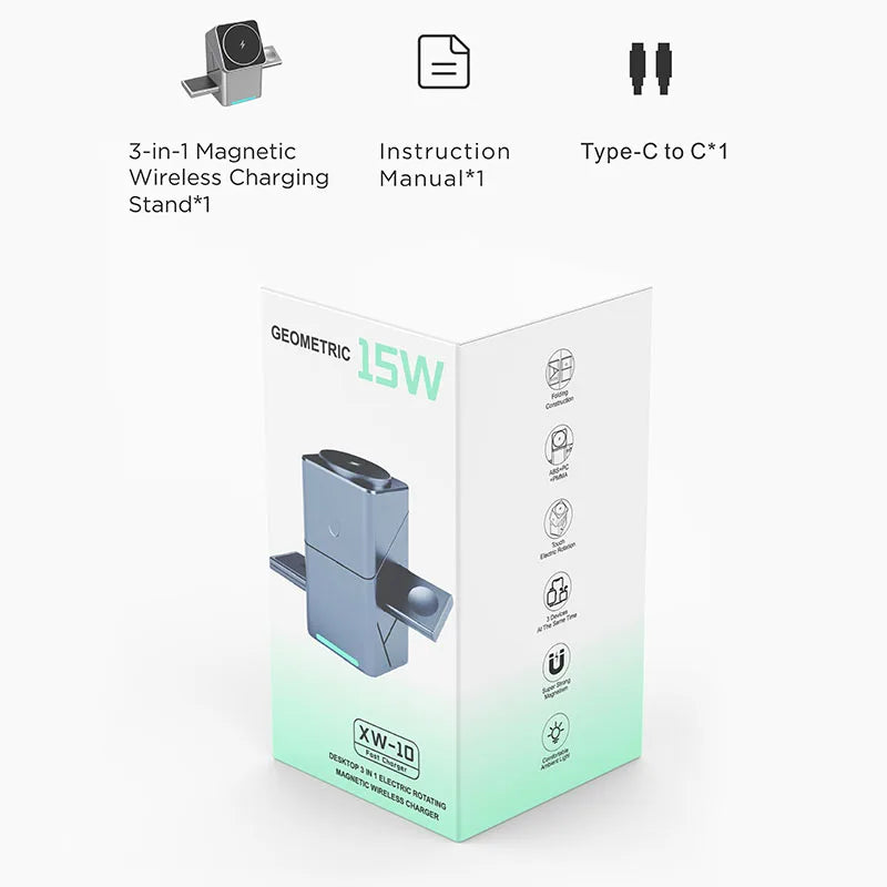 Qi2 3-in-1 Magnetic Wireless Charging Stand — 15W Fast Charger for iPhone, Apple Watch & AirPods