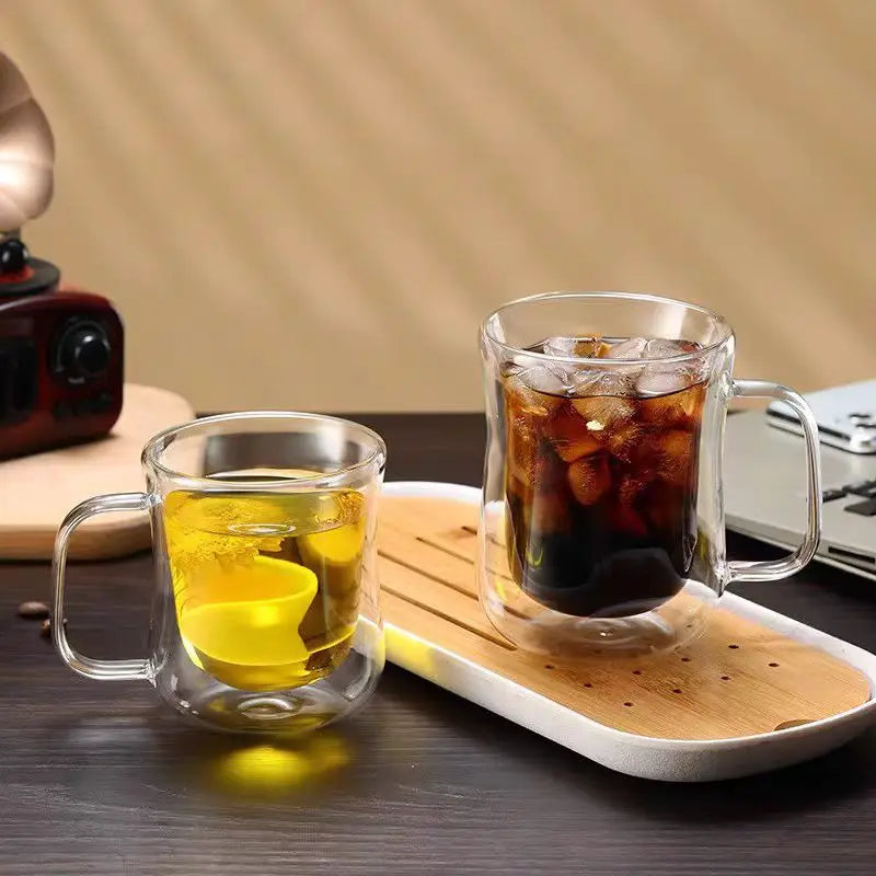 Double Wall Glass Coffee Mug with Handle — Hot & Cold Beverages, 220–400ml