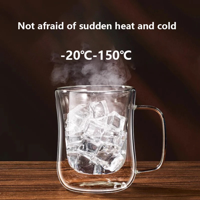 Double Wall Glass Coffee Mug with Handle — Hot & Cold Beverages, 220–400ml
