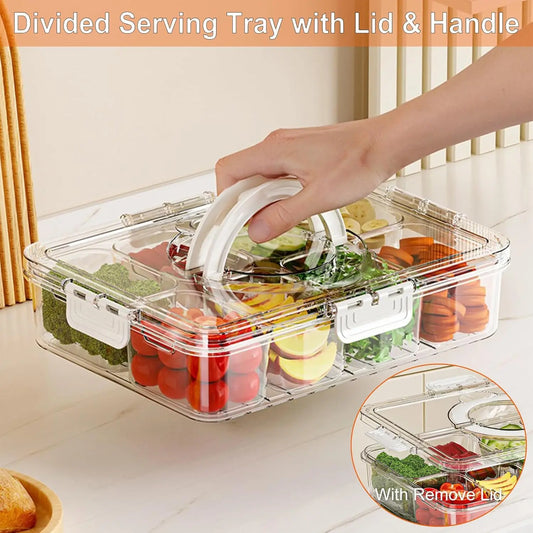 Divided Snack Serving Tray with Lid & Handle — Portable Veggie & Fruit Platter