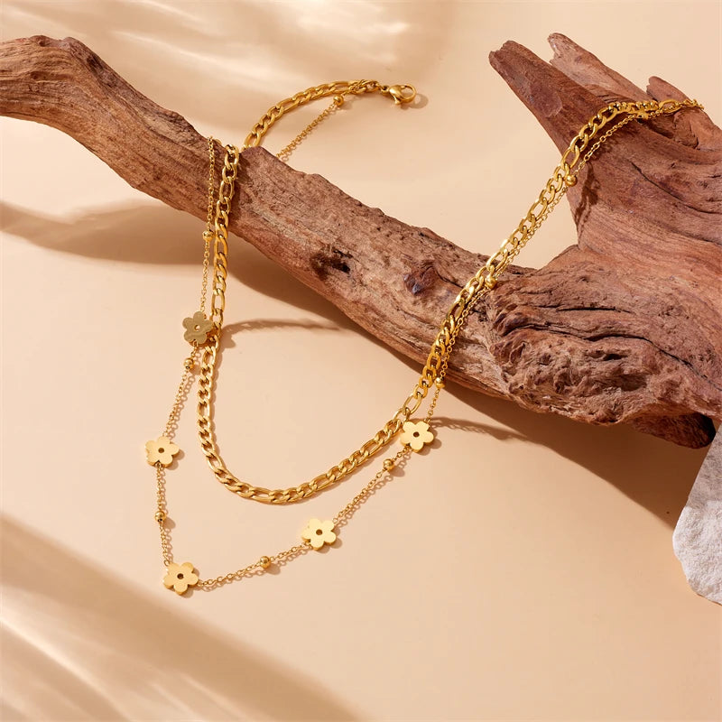 Gold Double-Layer Flower Stainless Steel Necklace