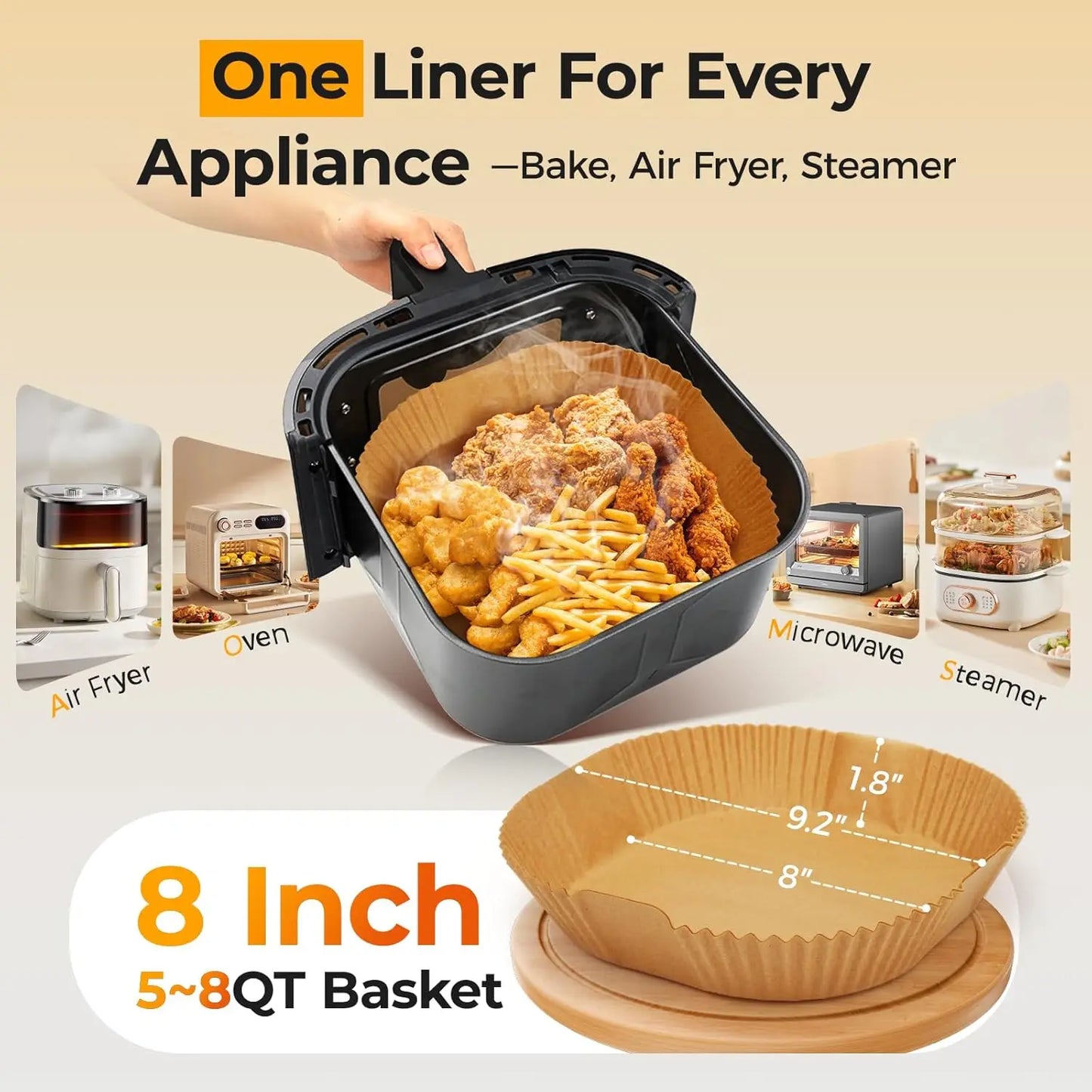 Air Fryer Parchment Liners 50-Pack — 8-Inch Non-Stick, Bleach-Free Disposable Squares