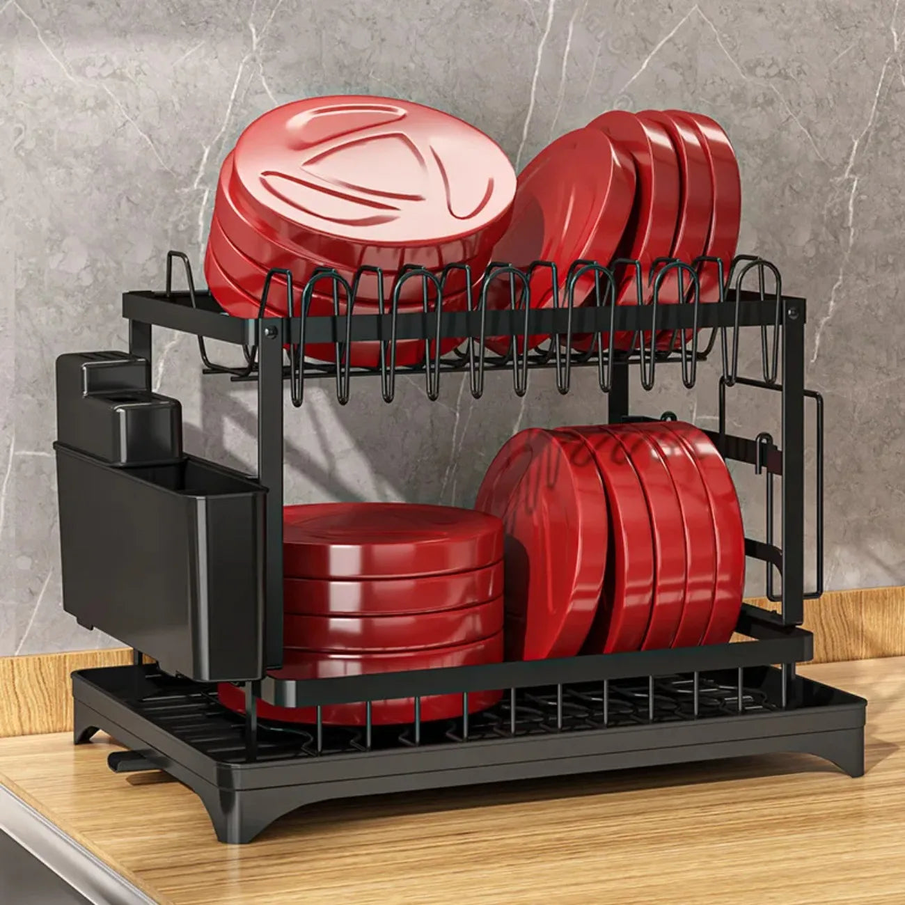 2-Tier Rotating Dish Drying Rack — 360° Swivel Drainboard with Utensil Holder, No-Drill Metal Organizer