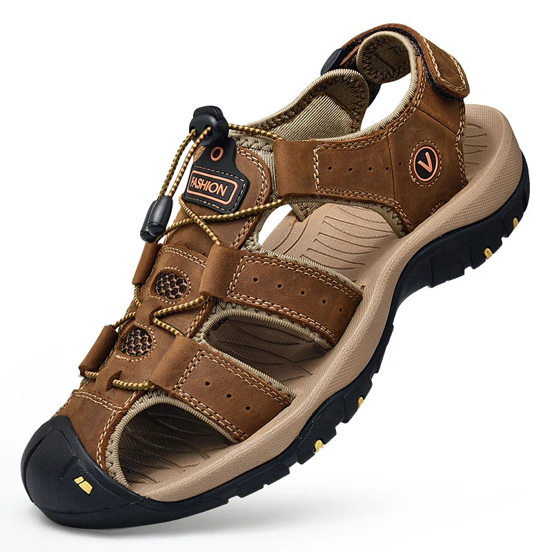 Men's Genuine Leather Sandals — Casual Summer Beach Shoes, Sizes 38–48