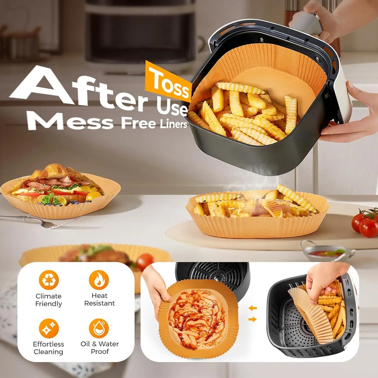 Air Fryer Parchment Liners 50-Pack — 8-Inch Non-Stick, Bleach-Free Disposable Squares