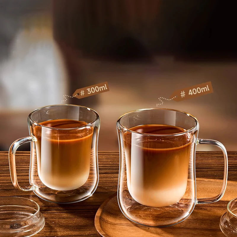 Double Wall Glass Coffee Mug with Handle — Hot & Cold Beverages, 220–400ml