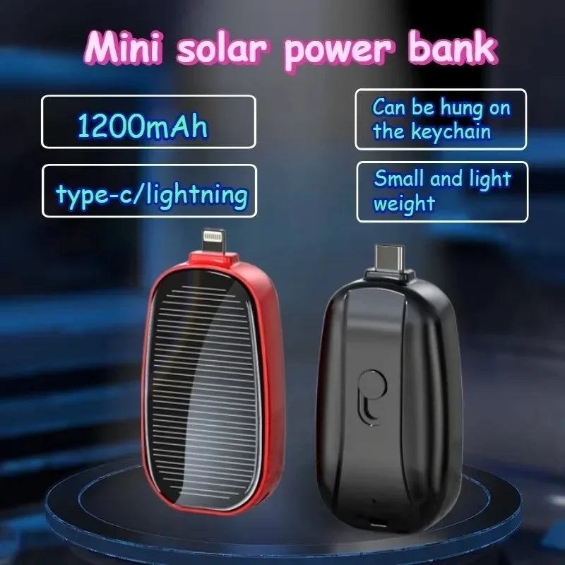 Solar Keychain Power Bank — 1200mAh Mini Emergency Charger for iPhone & USB-C Devices