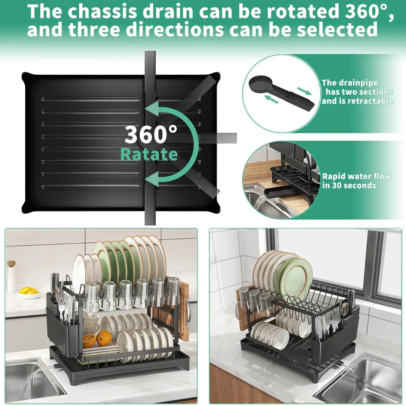 2-Tier Rotating Dish Drying Rack — 360° Swivel Drainboard with Utensil Holder, No-Drill Metal Organizer
