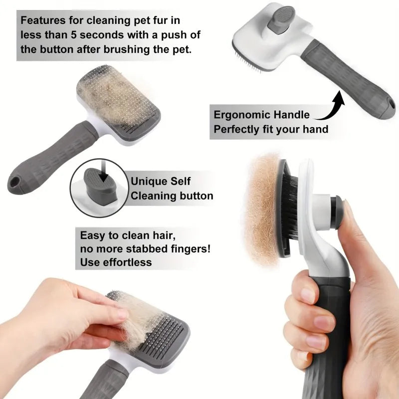Self-Cleaning Pet Grooming Brush — Dog & Cat Slicker Comb with Gentle Round Tips