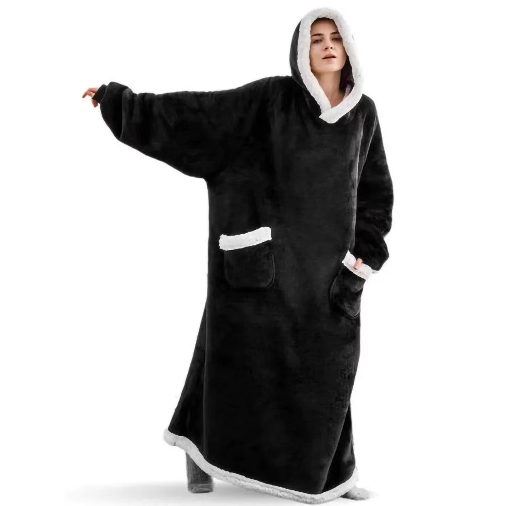 150/180cm Winter Thick Blanket Extra Plush Hoodie Lengthened Large Pocket Imitation Cashmere Home Coat Fleece TV Blanket 1pc