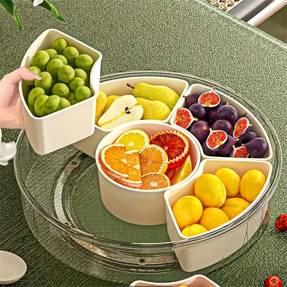 Rotating Divided Snack Serving Tray with Lid — Portable Snackle Box for Parties & Entertaining