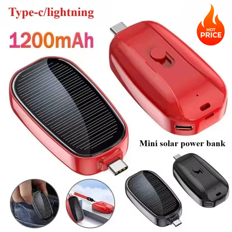 Solar Keychain Power Bank — 1200mAh Mini Emergency Charger for iPhone & USB-C Devices