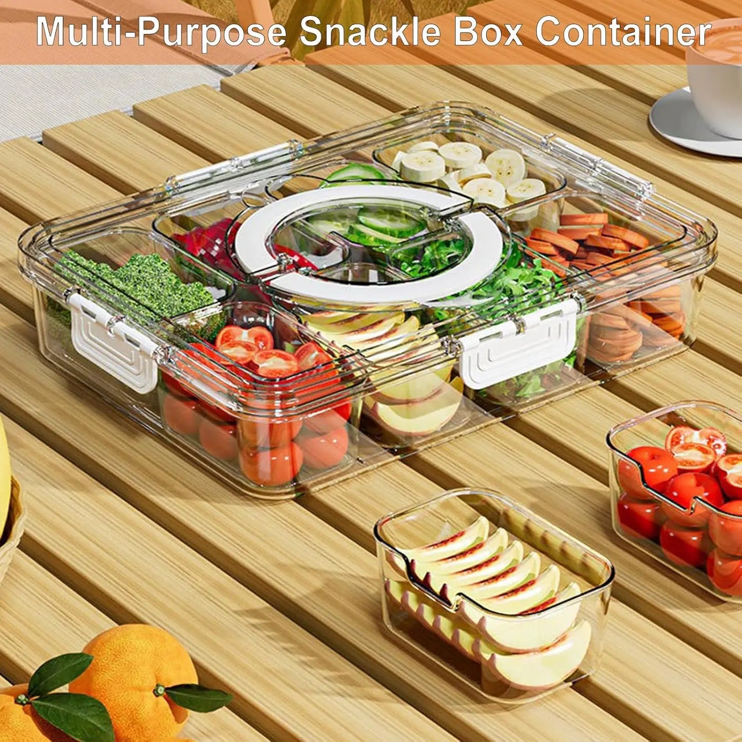Divided Snack Serving Tray with Lid & Handle — Portable Veggie & Fruit Platter