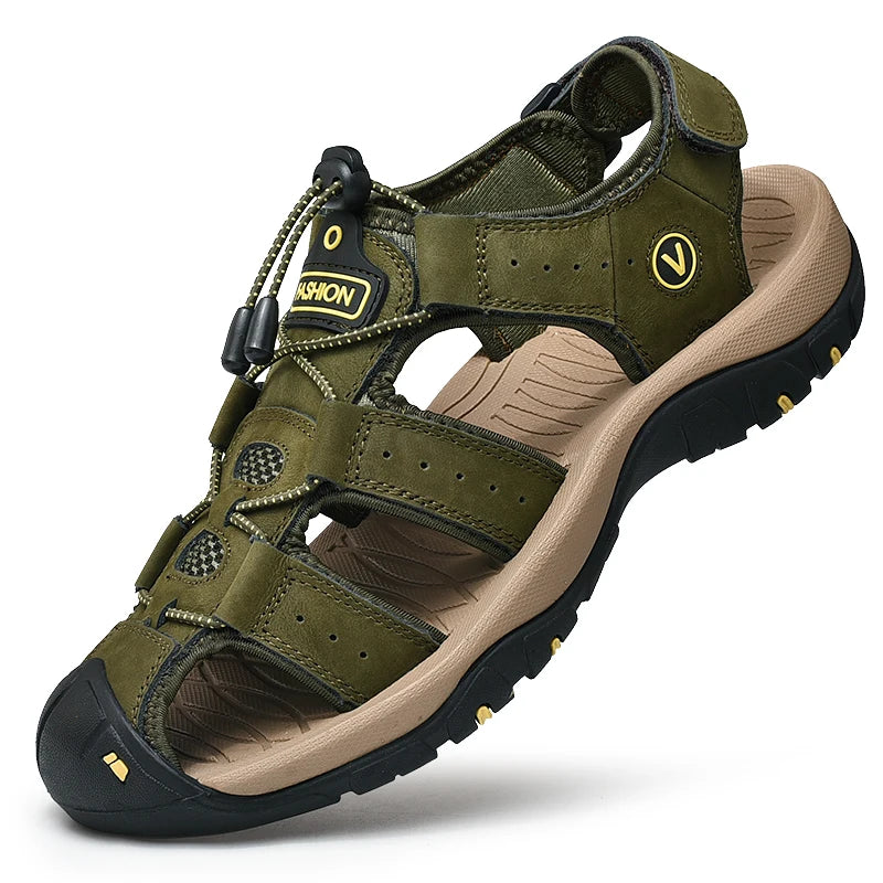 Men's Genuine Leather Sandals — Casual Summer Beach Shoes, Sizes 38–48