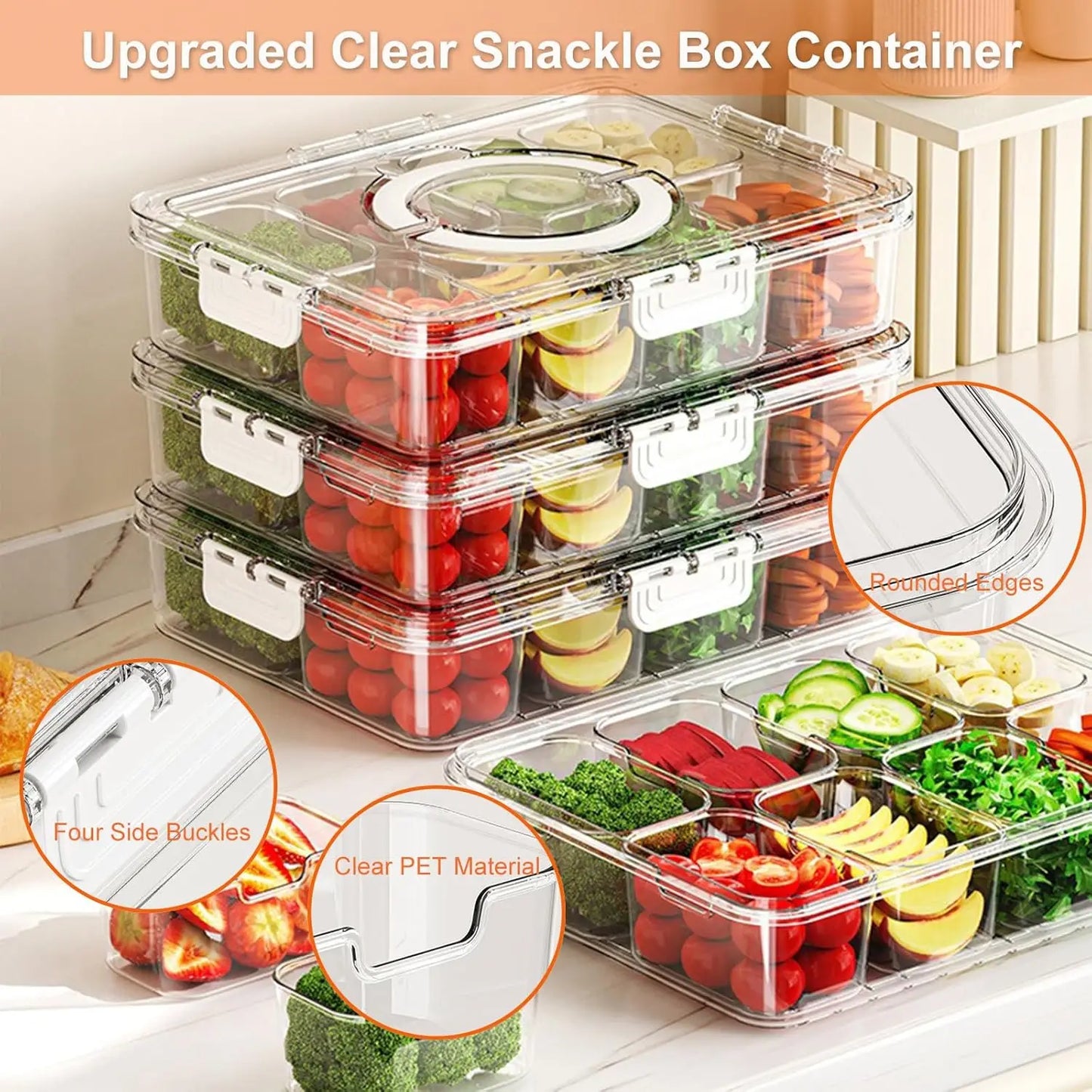 Divided Snack Serving Tray with Lid & Handle — Portable Veggie & Fruit Platter