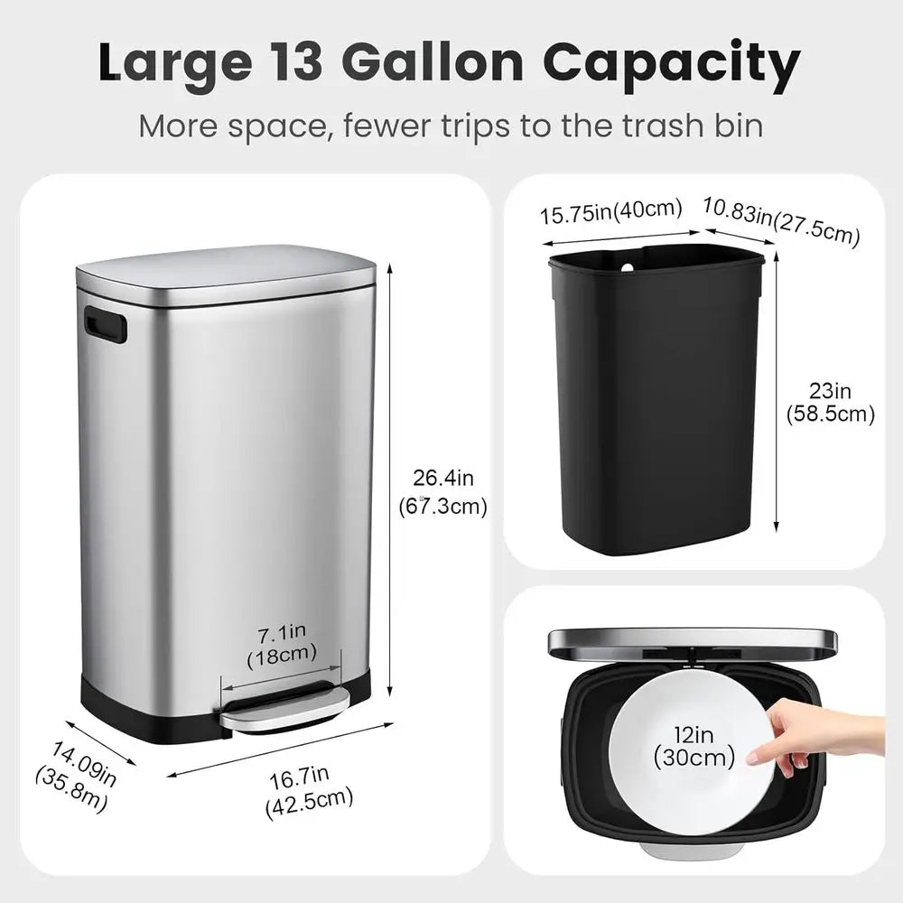 13 Gallon Stainless Steel Pedal Trash Can with Lid, 50L Capacity, Removable Bucket, Suitable for Home and Office