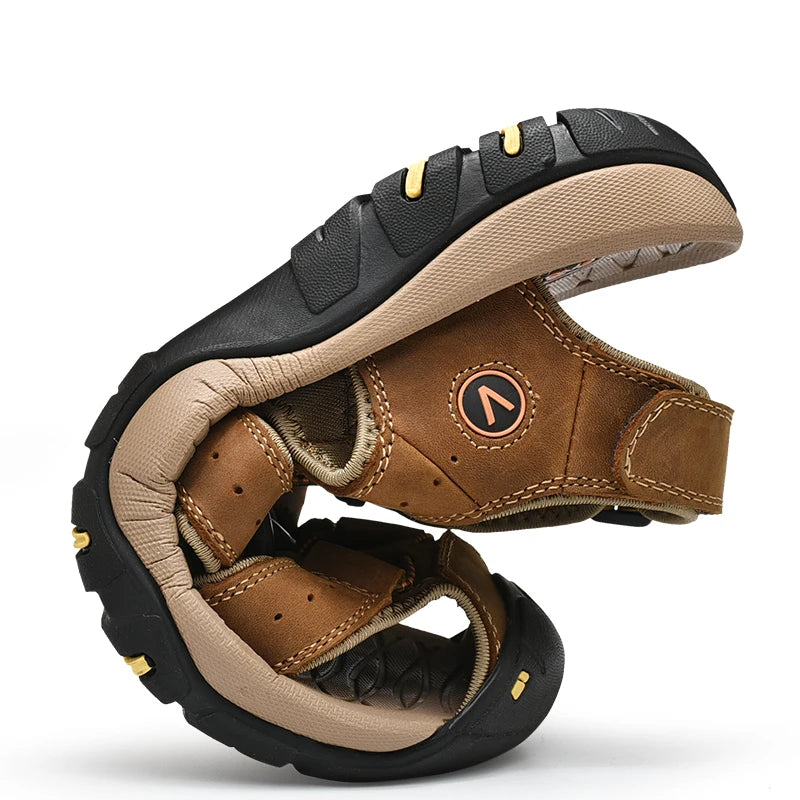 Men's Genuine Leather Sandals — Casual Summer Beach Shoes, Sizes 38–48