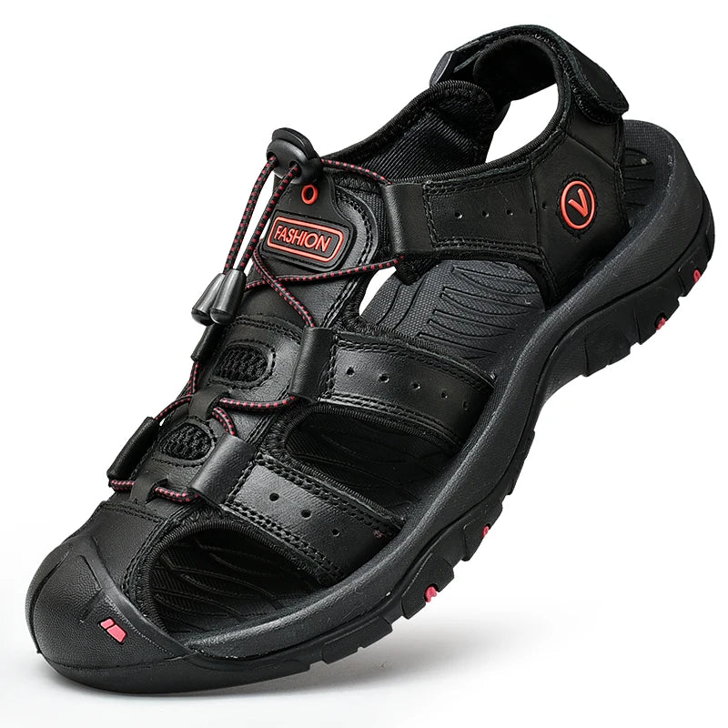Men's Genuine Leather Sandals — Casual Summer Beach Shoes, Sizes 38–48