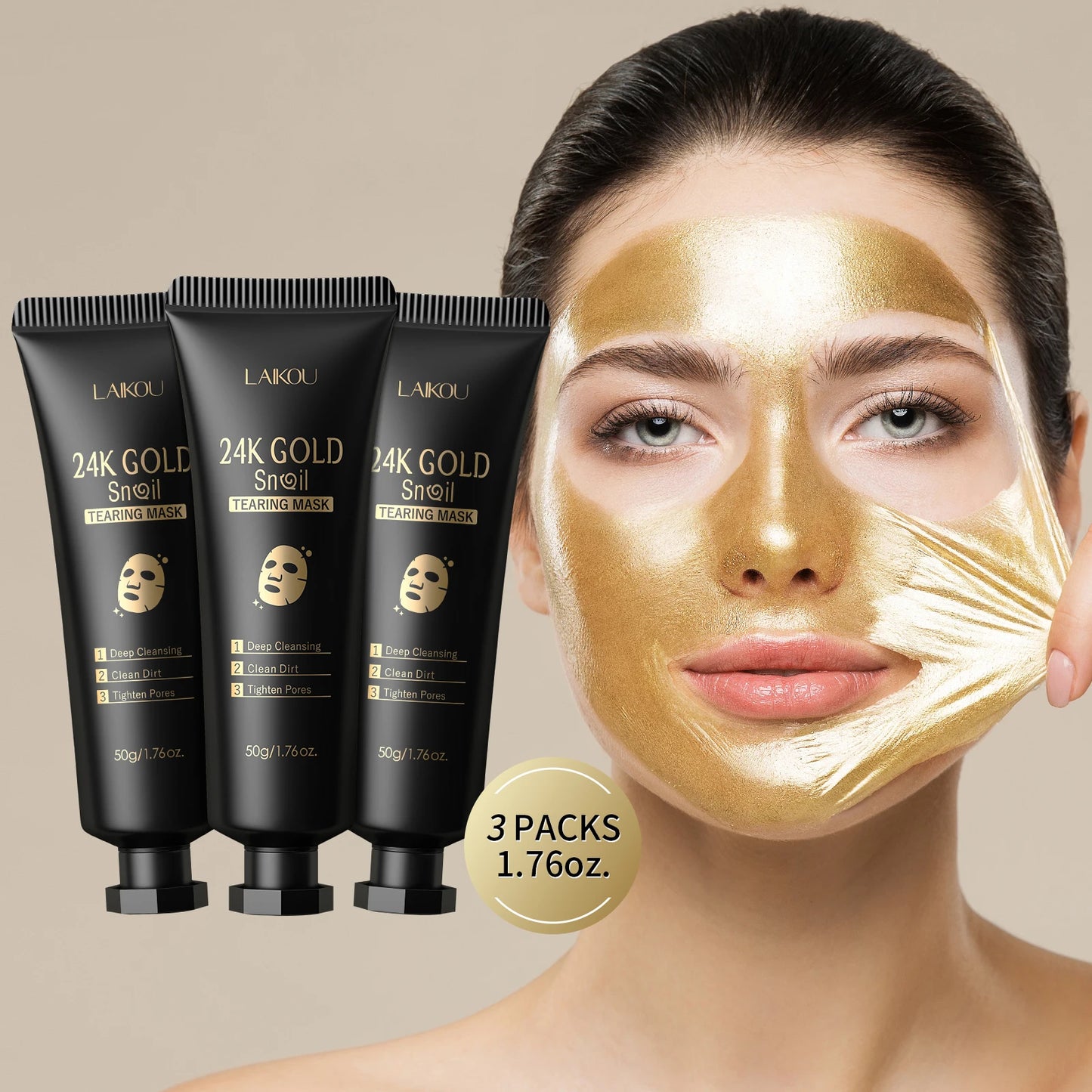 LAIKOU 24K Gold Snail Peel-Off Mask — Deep Cleansing 3-Pack