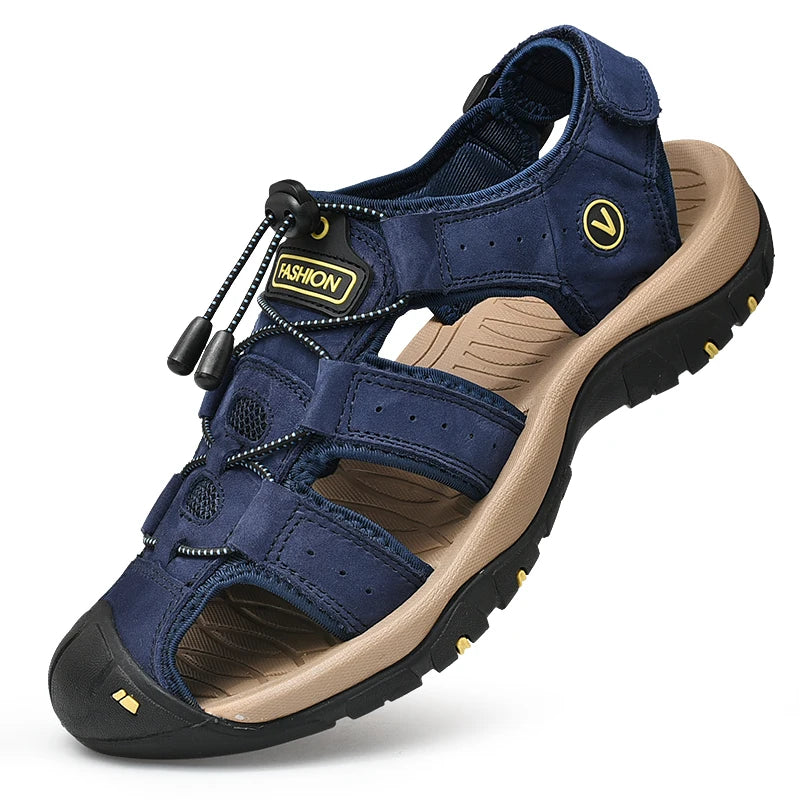 Men's Genuine Leather Sandals — Casual Summer Beach Shoes, Sizes 38–48