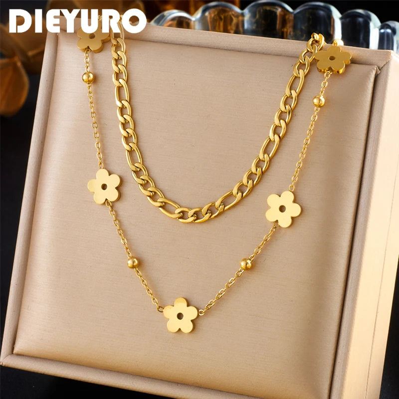 Gold Double-Layer Flower Stainless Steel Necklace
