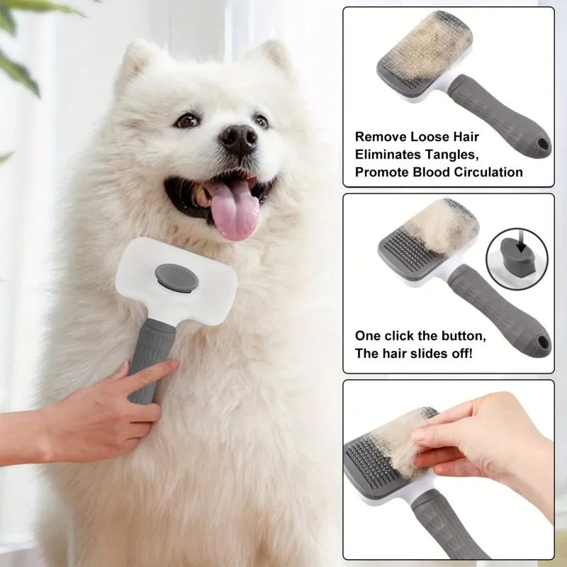 Self-Cleaning Pet Grooming Brush — Dog & Cat Slicker Comb with Gentle Round Tips