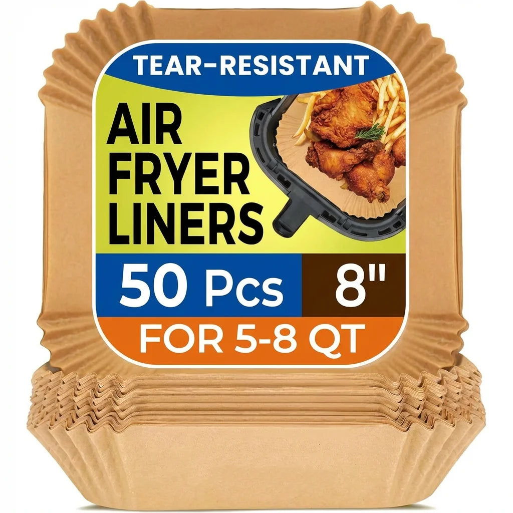 Air Fryer Parchment Liners 50-Pack — 8-Inch Non-Stick, Bleach-Free Disposable Squares
