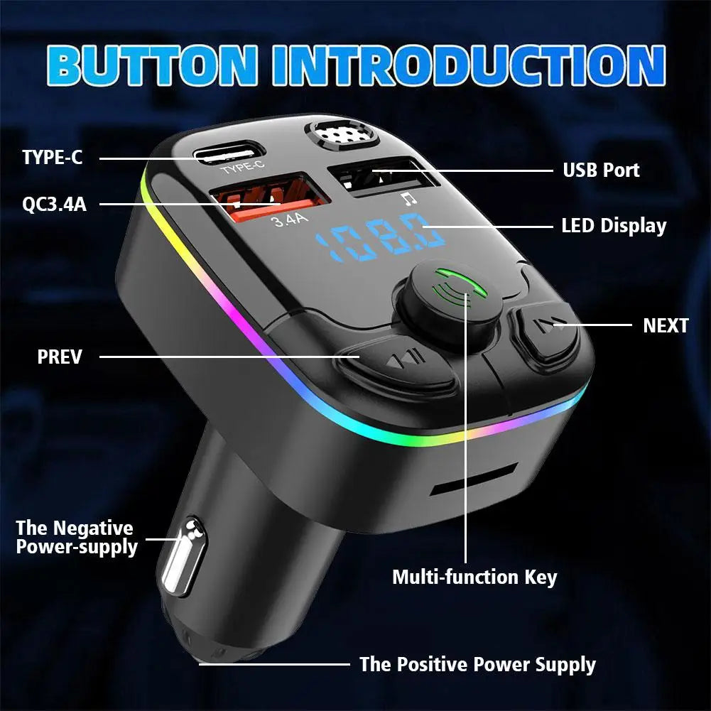 Bluetooth 5.0 Car FM Transmitter with USB & Type-C