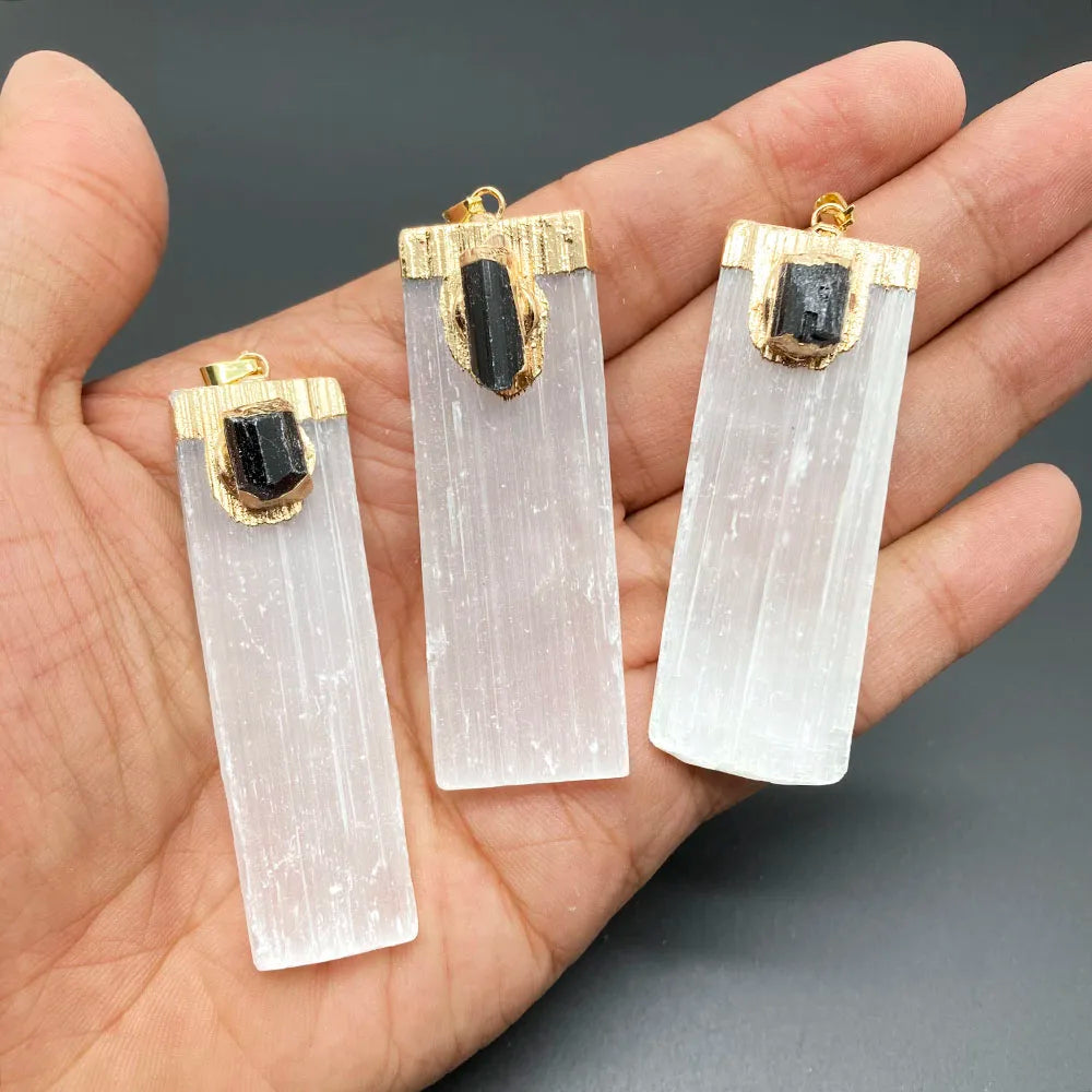 Natural Selenite & Black Tourmaline Crystal Set