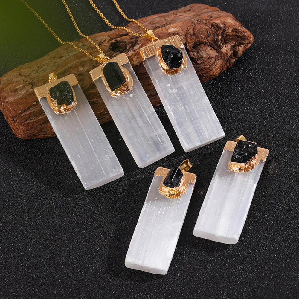 Natural Selenite & Black Tourmaline Crystal Set
