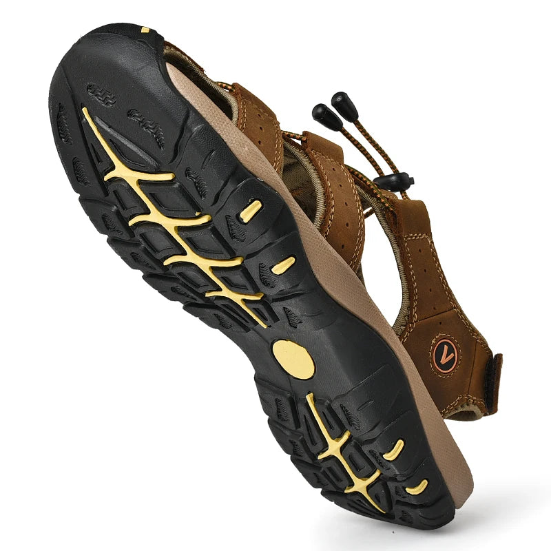 Men's Genuine Leather Sandals — Casual Summer Beach Shoes, Sizes 38–48