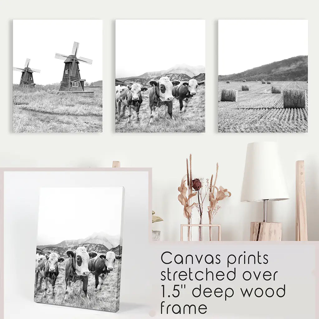 Farmhouse Black White Wall Art. Windmill, 3 Cows, Hay Bales