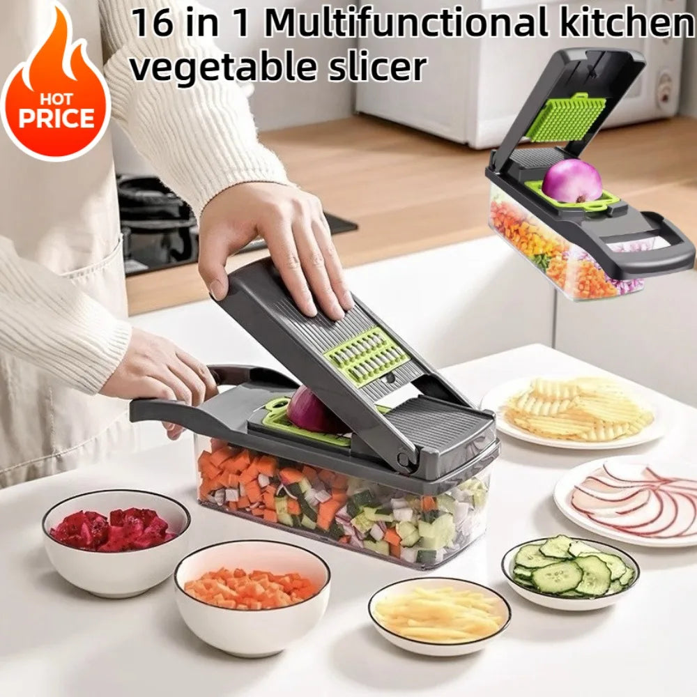 16-in-1 Vegetable Chopper & Slicer Set — with Container & Safety Guard
