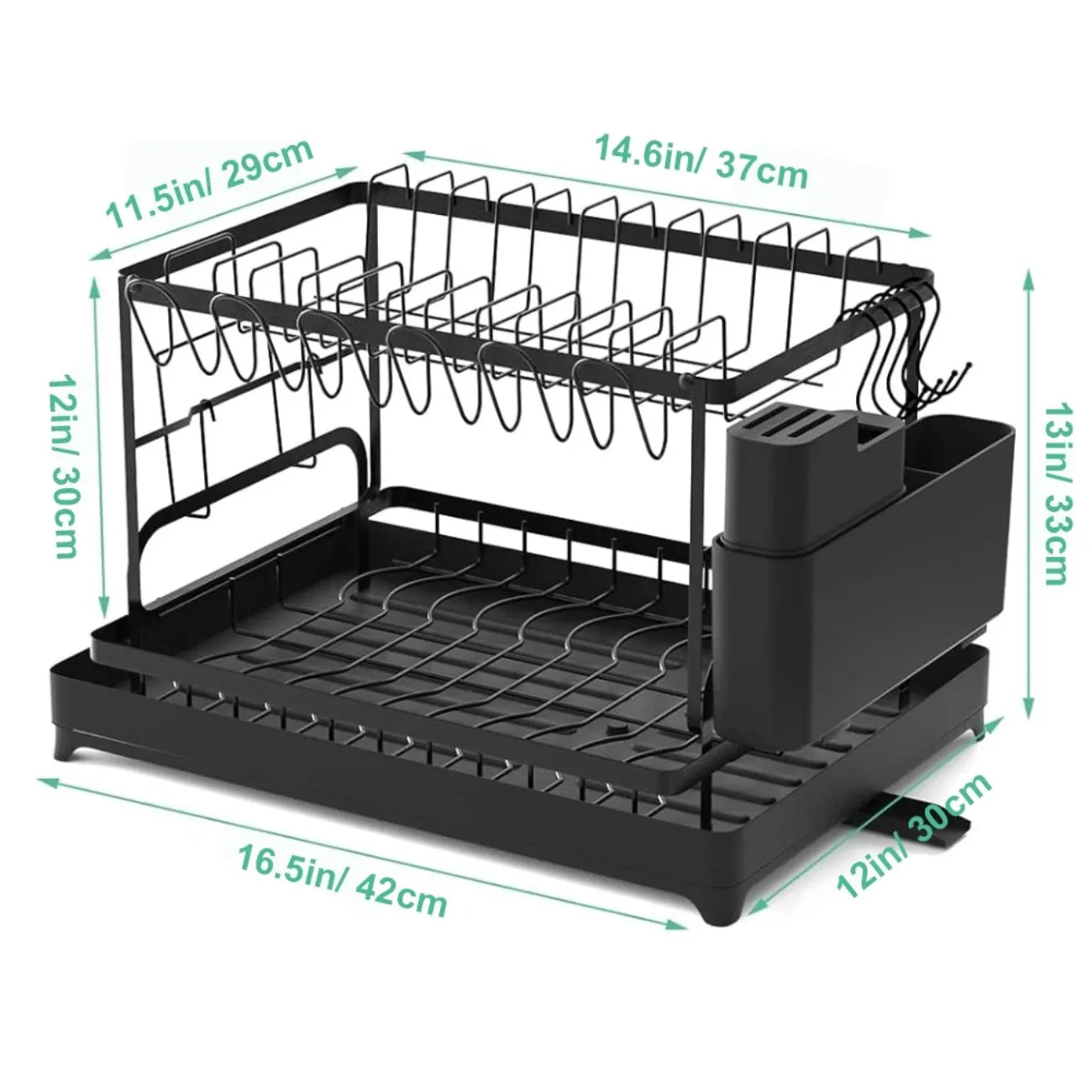 2-Tier Rotating Dish Drying Rack — 360° Swivel Drainboard with Utensil Holder, No-Drill Metal Organizer