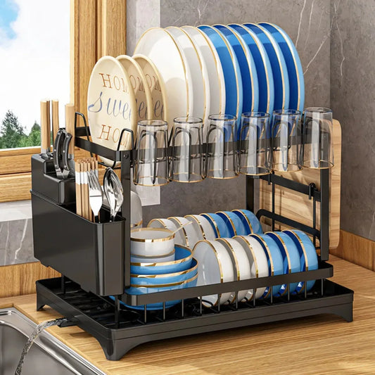 2-Tier Rotating Dish Drying Rack — 360° Swivel Drainboard with Utensil Holder, No-Drill Metal Organizer