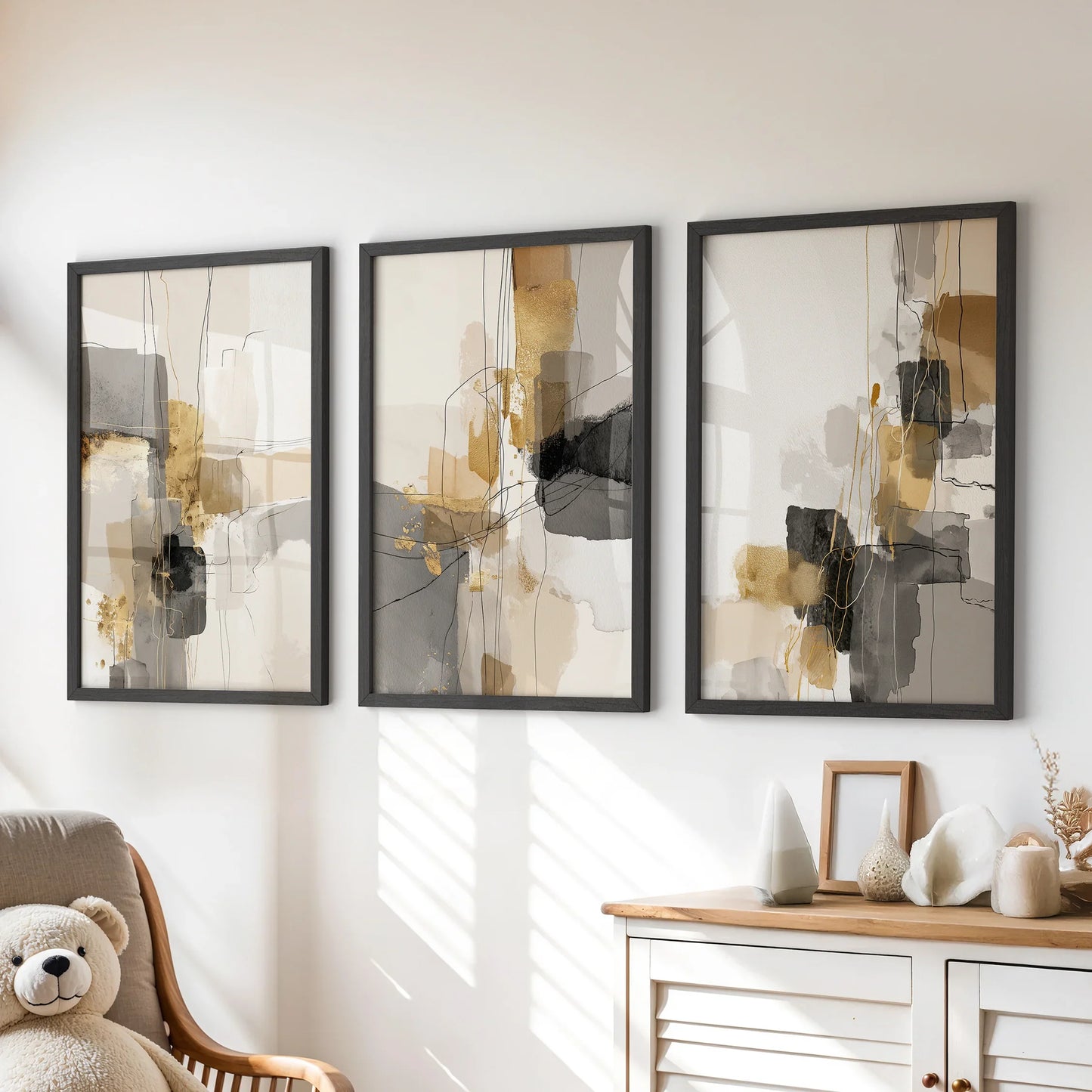 Neutral Abstract Wall Art Set of 3. Beige, Gray, Gold Prints