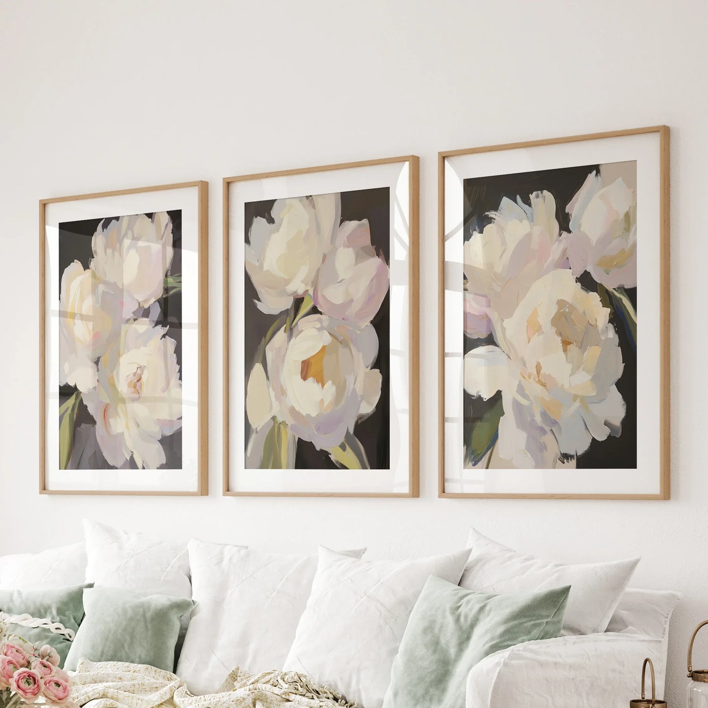 Moody Pink and White Peonies Art. Floral Set of 3 Prints