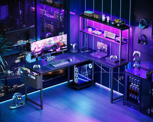 L-Shaped Gaming Desk with LED Lights and Power Outlets - Ontimebazaar
