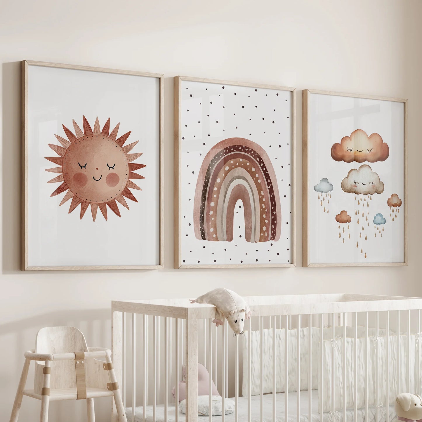 Minimalist Baby Room Wall Art Set of 3. Earthy Rainbow Theme