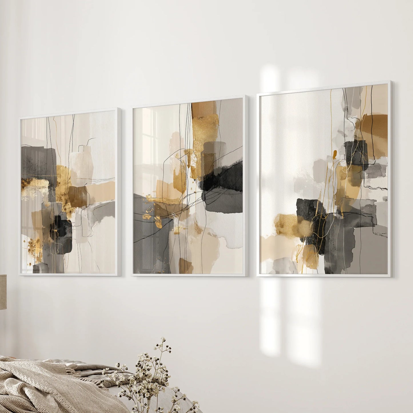 Neutral Abstract Wall Art Set of 3. Beige, Gray, Gold Prints