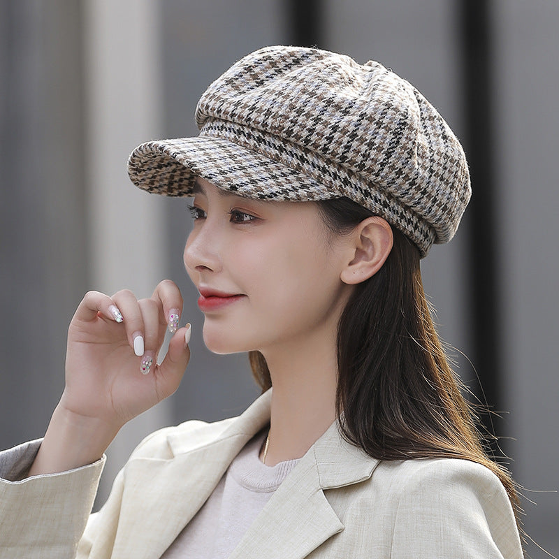Navy Octagonal Cap Children's Woolen Houndstooth