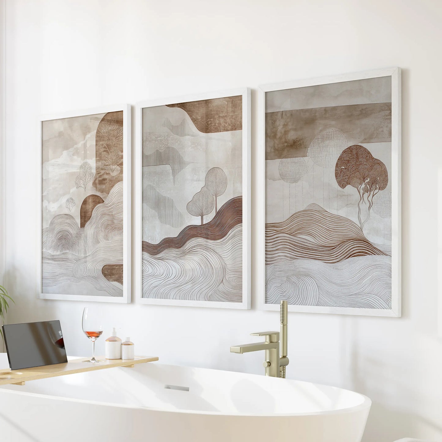 Wabi Sabi Line Art Set of 3 Prints. Earth Tones Landscape
