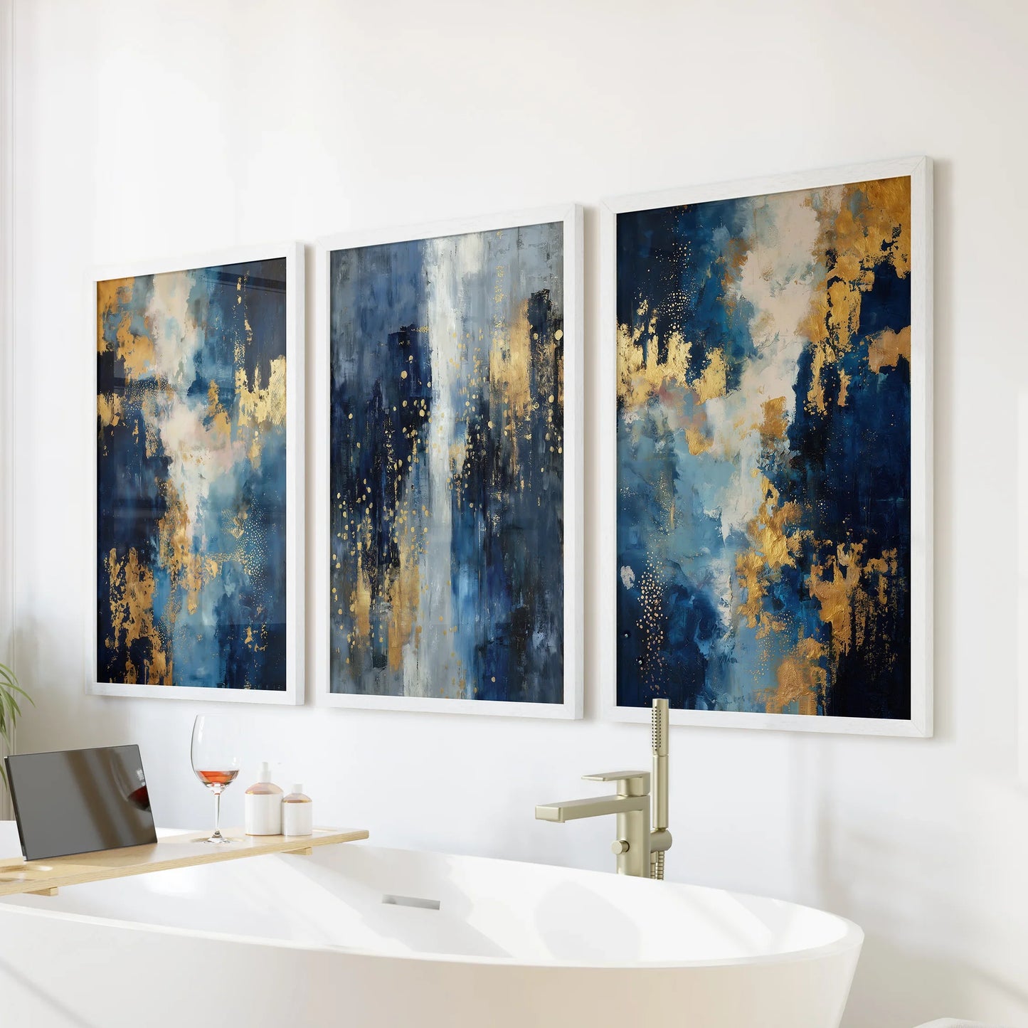 Elegant Navy and Gold Art Set of 3. Contemporary Abstract Prints